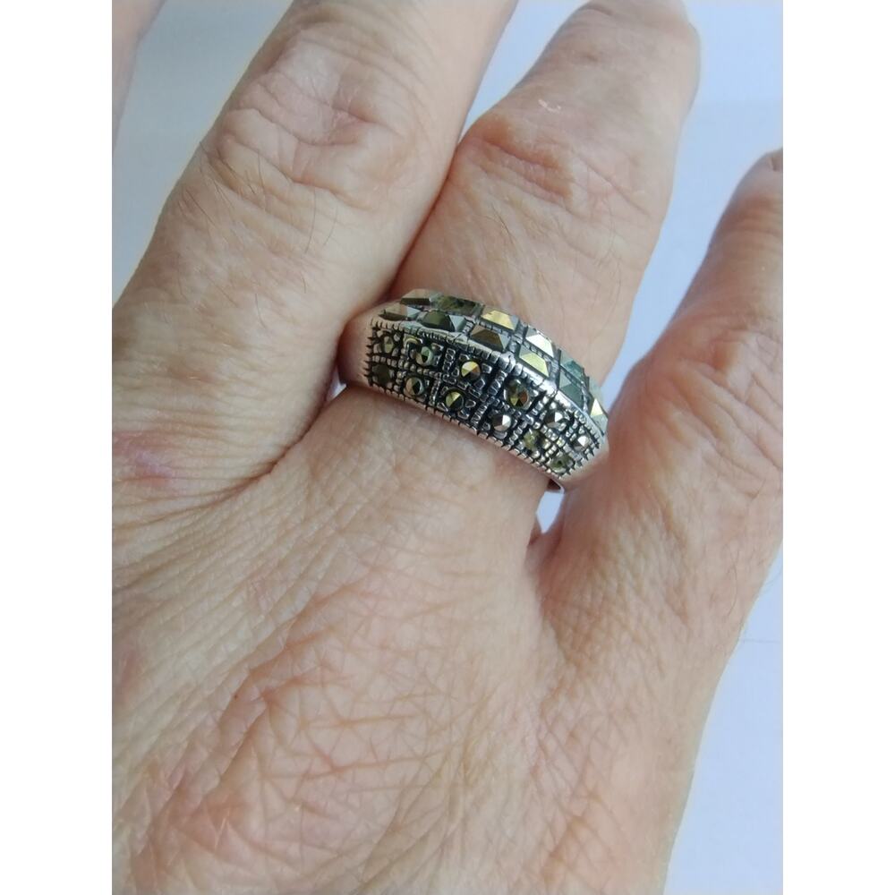 Modena MO Signed 1980's Marcasite Domed 925 Sterling Silver Vintage Ring 9.25